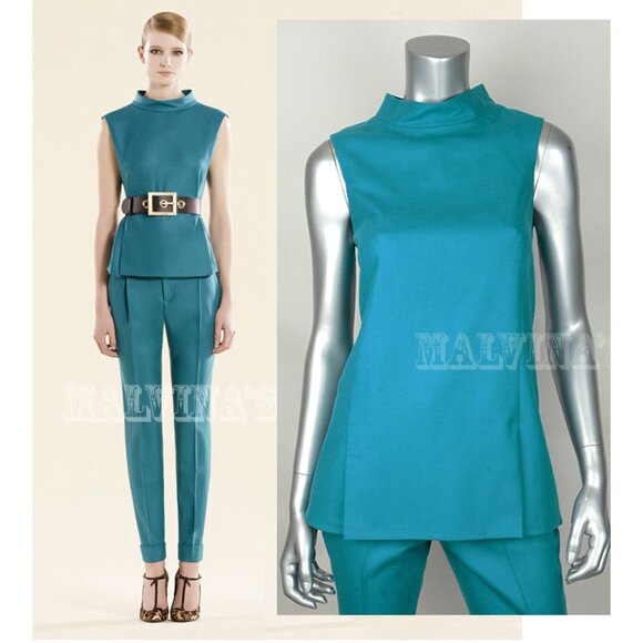 GUCCI TOP TURQUOISE BLUE STRETCH FLANNEL SLEEVELESS WOOL CASHMERE sz 40 4 - Picture 1 of 4